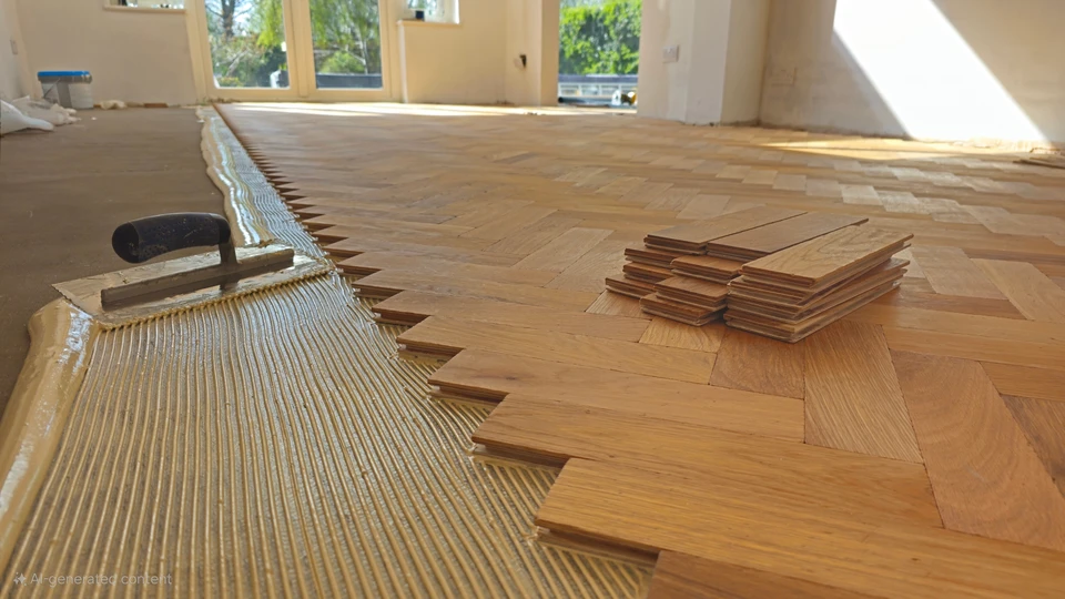 Un homme agenouillé mesure un parquet en bois foncé avec un mètre ruban jaune